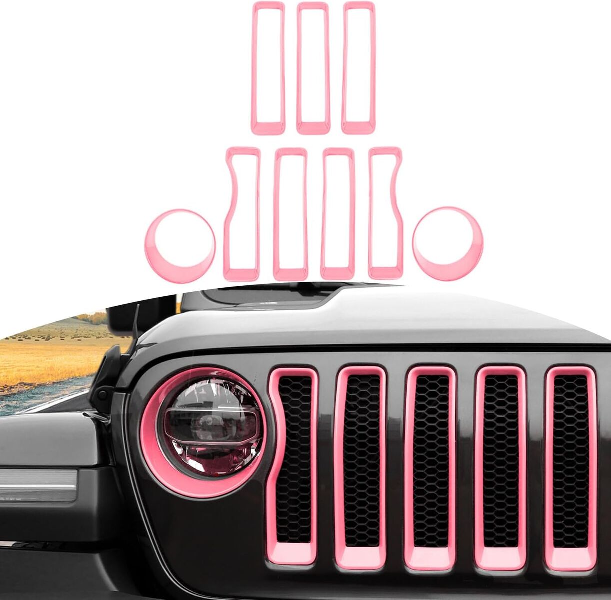 2018-2022 Pink Jeep Wrangler JL Front Grille Grill Insert Headlight Light Cover Trim