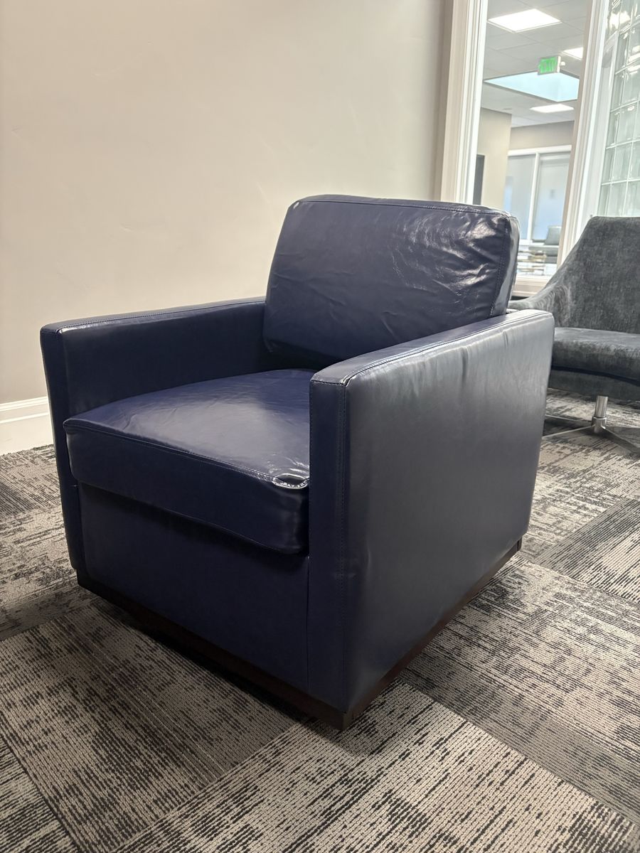 Modern Upholstered Navy Faux Leather Square Swivel Armchair with Matel Base