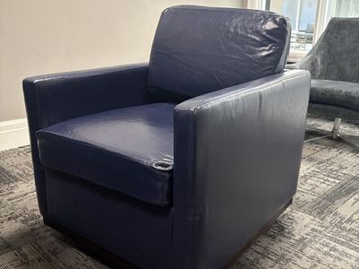 Modern Upholstered Navy Faux Leather Square Swivel Armchair with Matel Base