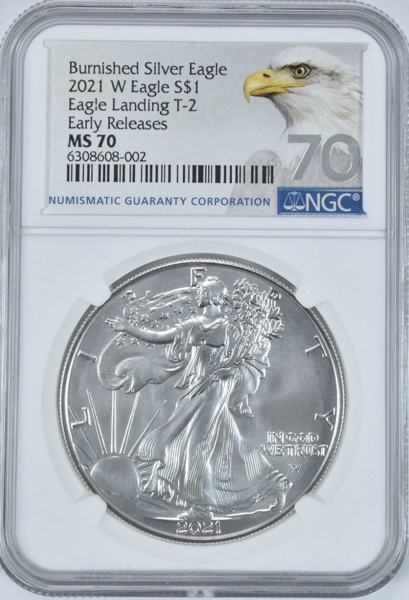 2021-W Burnished Silver Eagle Type 2 Early Releases MS70 NGC Eagle Label