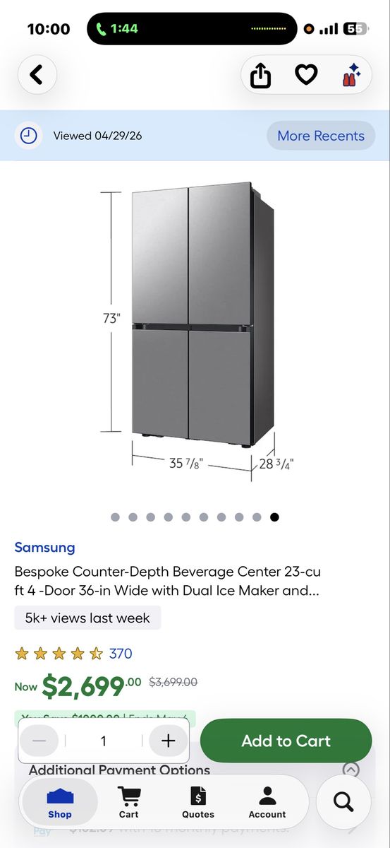 Samsung Bespoke Counter-Depth 23 cu ft 4-Door French Door Refrigerator with Dual Ice Maker - Stainless Steel