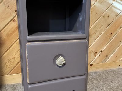 Distressed Grey Nightstand Bedside Table with Antler Knob & Open Shelf Storage