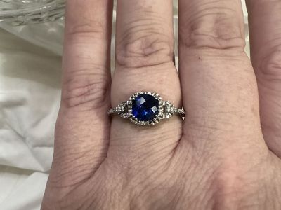 Vintage Style 10k White Gold Cushion Cut Blue Sapphire Halo Ring with Diamond Accent Stones