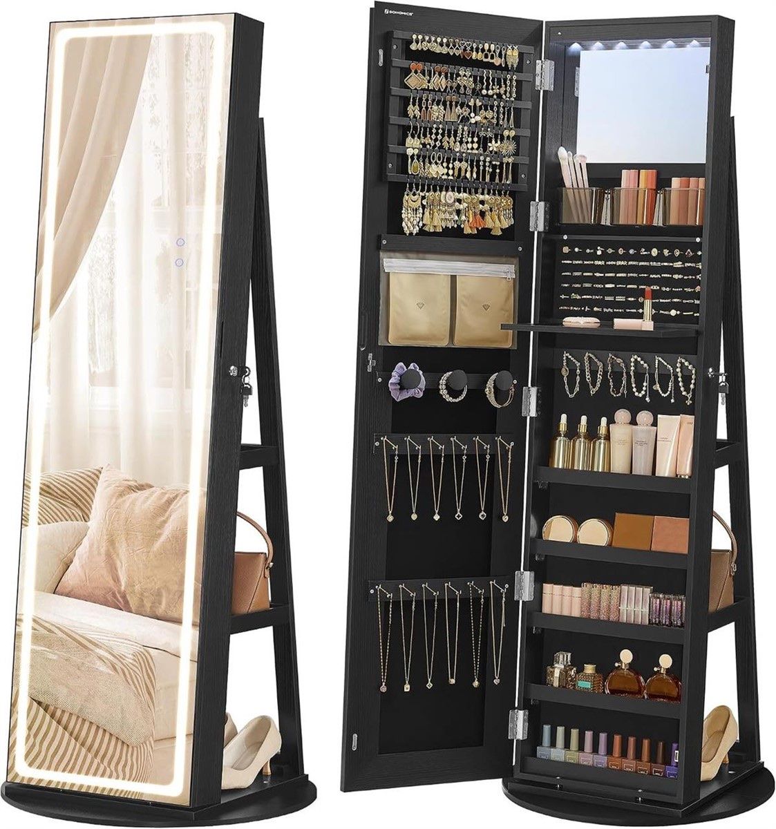 SONGMICS Rotating Jewelry Cabinet with LED Lights, Full-Length Mirror, Black