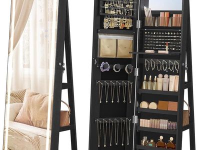 SONGMICS Rotating Jewelry Cabinet with LED Lights, Full-Length Mirror, Black