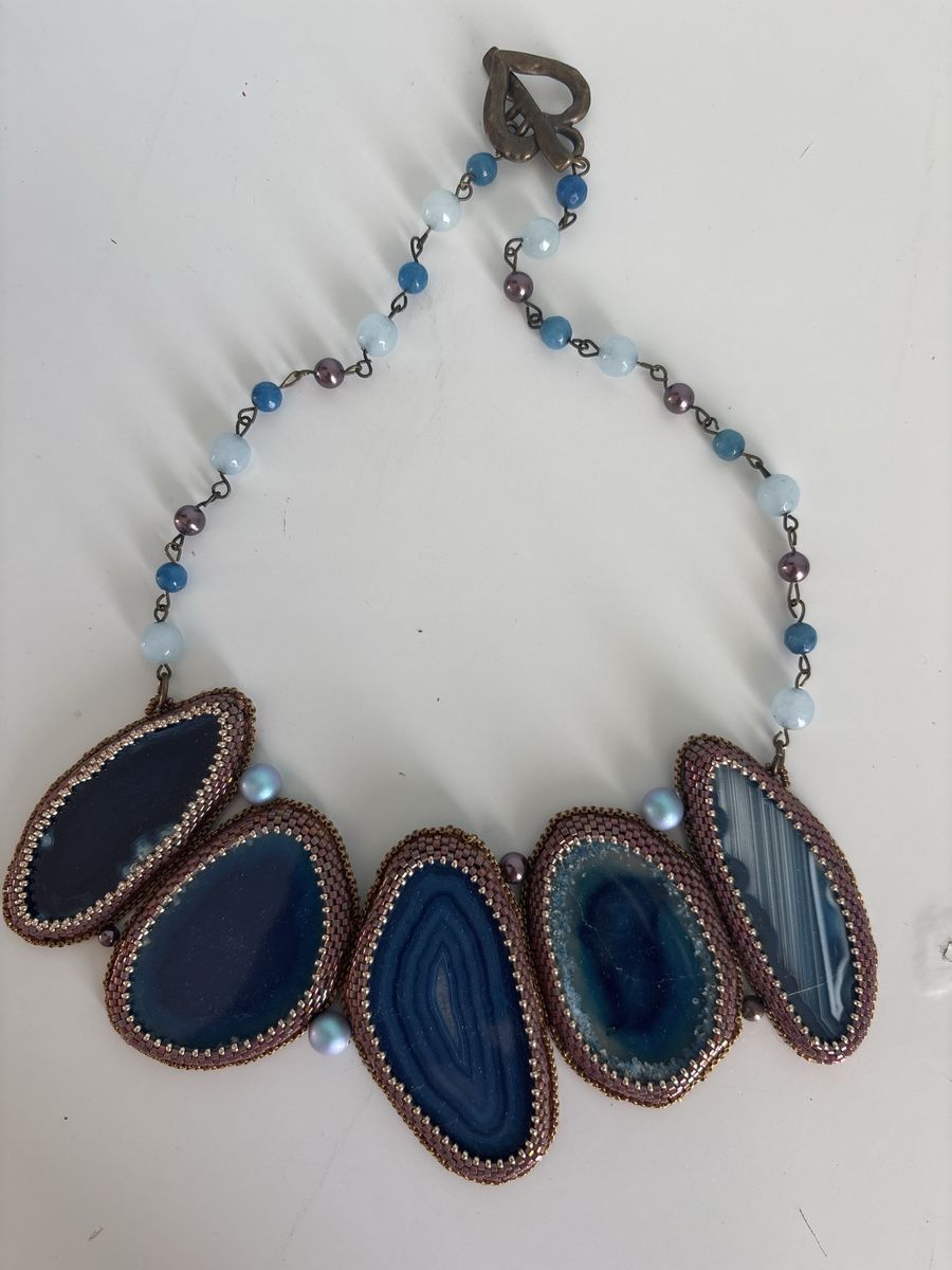 Handmade Blue Agate Slice Statement Necklace with Beaded Accents and Pearl Details