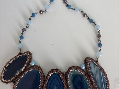 Handmade Blue Agate Slice Statement Necklace with Beaded Accents and Pearl Details