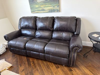 Used Dark Brown Leather Reclining Sofa Couch Loveseat with Nailhead Trim