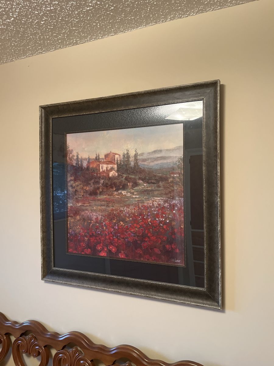 Framed Tuscan Landscape Art Print - Poppy Fields & Villa Scene, Ready to Hang