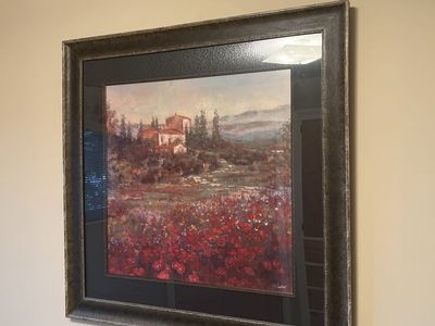 Framed Tuscan Landscape Art Print - Poppy Fields & Villa Scene, Ready to Hang