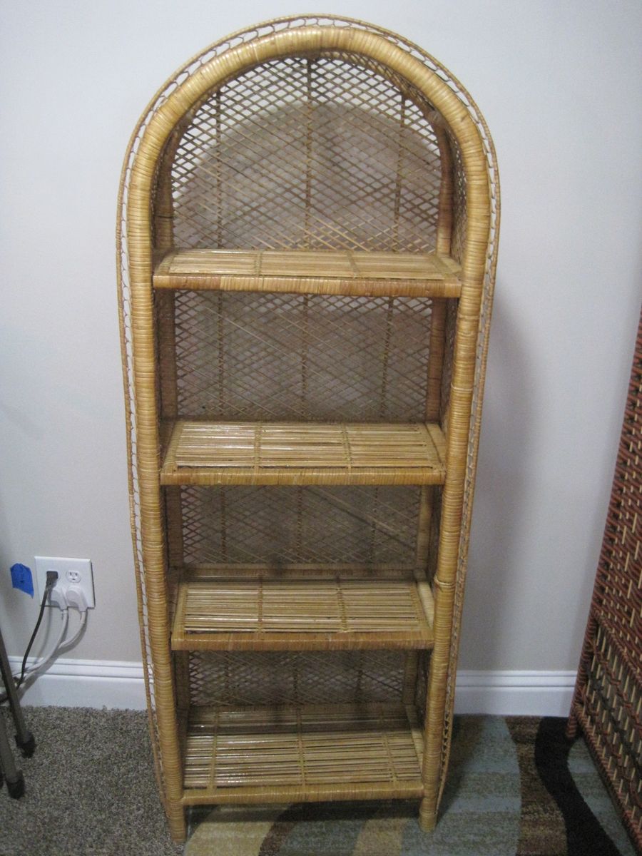Vintage Wicker Etagere Arched Bookcase Shelf Boho Decor (5 Ft Tall / 22 In Wide)