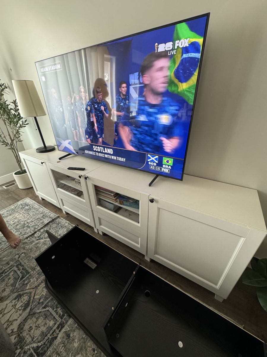 White TV Stand Entertainment Center with Glass Doors and Storage for TVs up to 65 inches