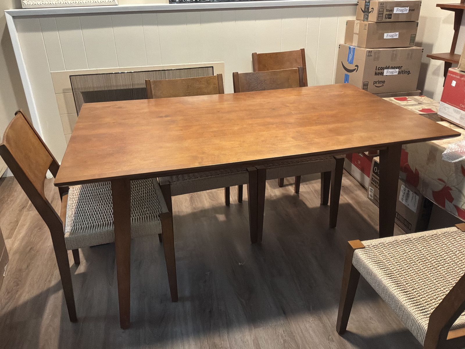 Mid Century Solid Wood Dining Table with Six Woven Cord Seat Chairs
