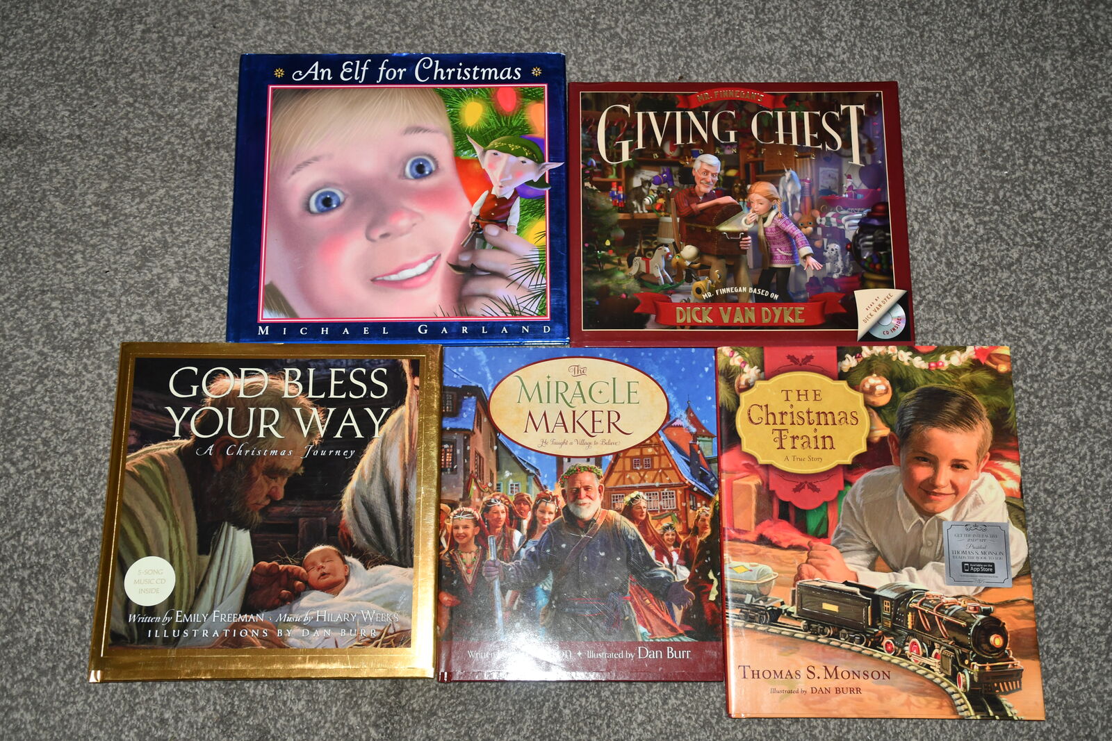 3 CHILDREN'S HARDCOVER CHRISTMAS BOOKS ~ GOD BLESS YOUR WAY. GIVING CHEST, MIRACLE MAKER, TRAIN, ELF + 3 NEW CD'S
