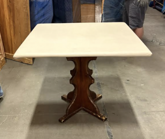 Vintage Marble Top Side Table Carved Wood Pedestal Base Square Accent Center Table