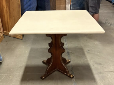 Vintage Marble Top Side Table Carved Wood Pedestal Base Square Accent Center Table