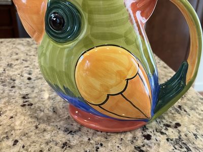 Italian Porcelain Handpainted Parrot Pitcher.