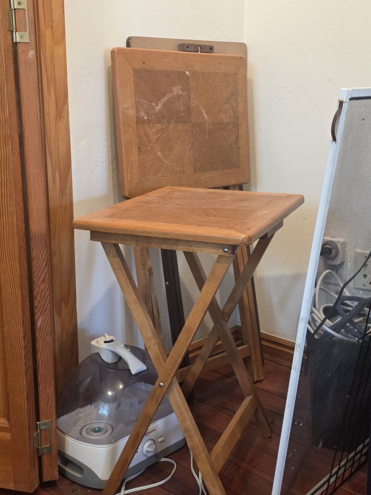 make offer -Vintage Wooden TV Tray Tables 3 available - Foldable Mid-Century Modern Snack Tablee