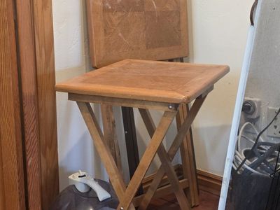 make offer -Vintage Wooden TV Tray Tables 3 available - Foldable Mid-Century Modern Snack Tablee