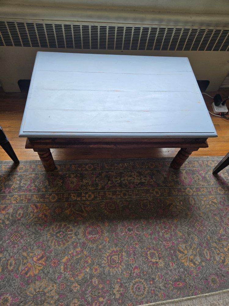 Rustic Wood Coffee Table with Light Blue Top & Metal Accents
