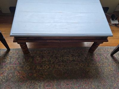Rustic Wood Coffee Table with Light Blue Top & Metal Accents