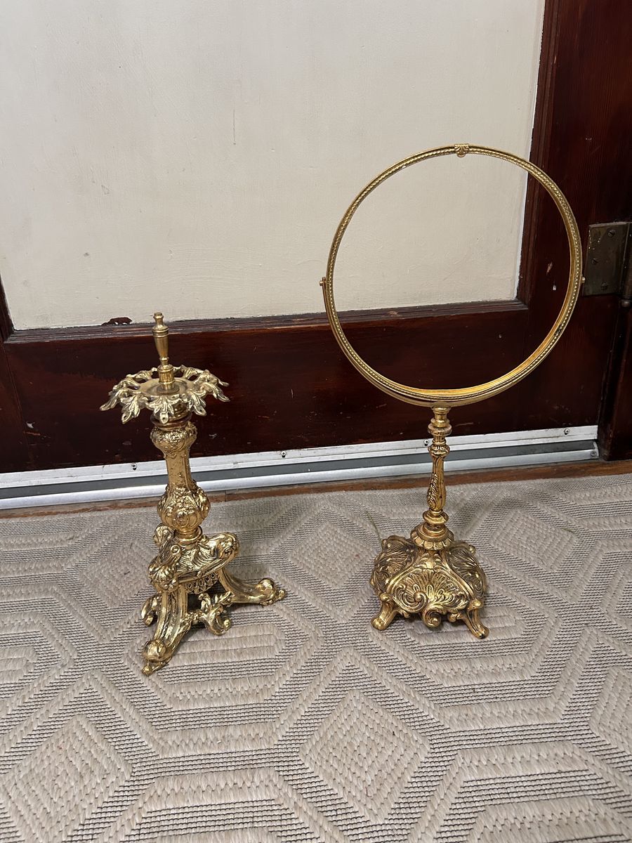 Vintage Brass Ornate Vanity Shaving Mirror and Stand Set - Antique Gold Home Decor, Art Nouveau Rococo Style Brass 24K gold plat