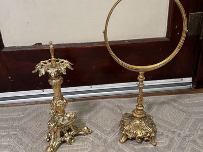 Vintage Brass Ornate Vanity Shaving Mirror and Stand Set - Antique Gold Home Decor, Art Nouveau Rococo Style Brass 24K gold plat