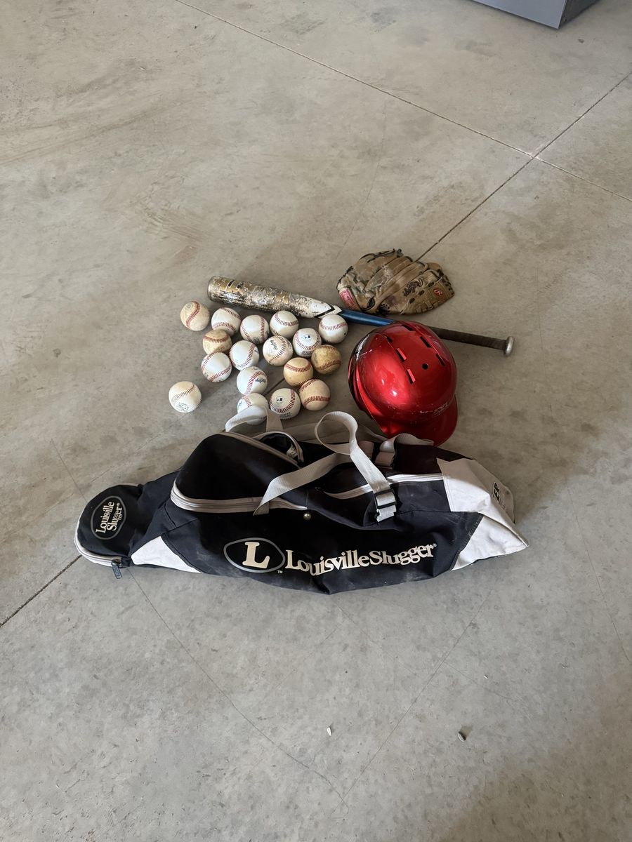 Louisville Slugger Baseball Equipment Set: Bag, Bat, Helmet, Glove, Baseballs - Used Condition