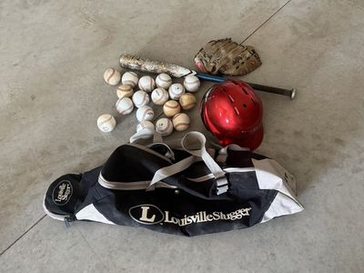 Louisville Slugger Baseball Equipment Set: Bag, Bat, Helmet, Glove, Baseballs - Used Condition