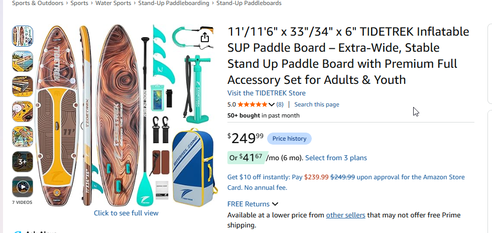 TIDETREK Inflatable Stand Up Paddle Board Set (11' x 34" x 6") - Factory Sealed