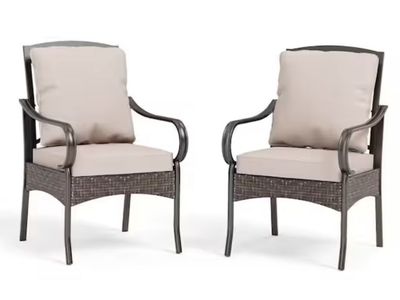 NEW PHI VILLA Metal Frame Patio Dining Chair with Beige Thick Cushions (2-Pack) PV-416-N-A2