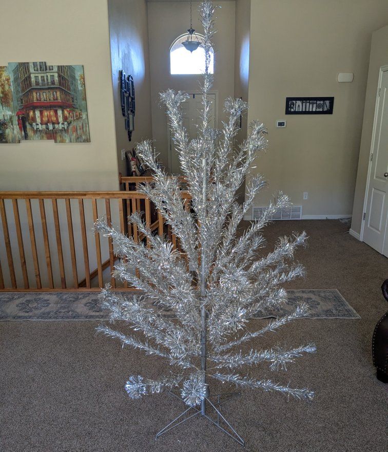 Vintage 6.5 Ft. Silver Glow Aluminum Christmas Tree with Original Box Stand and Pole / Pom-Pom Tip Complete Set