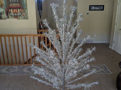 Vintage 6.5 Ft. Silver Glow Aluminum Christmas Tree with Original Box Stand and Pole / Pom-Pom Tip Complete Set