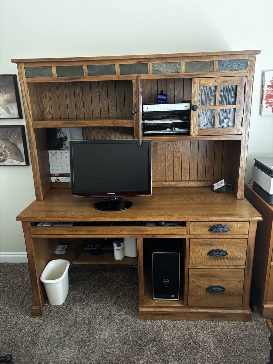Solid Wood Office Desk with Hutch, Keyboard Tray & Storage - Light Brown Oak Finish