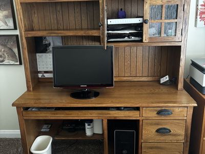 Solid Wood Office Desk with Hutch, Keyboard Tray & Storage - Light Brown Oak Finish