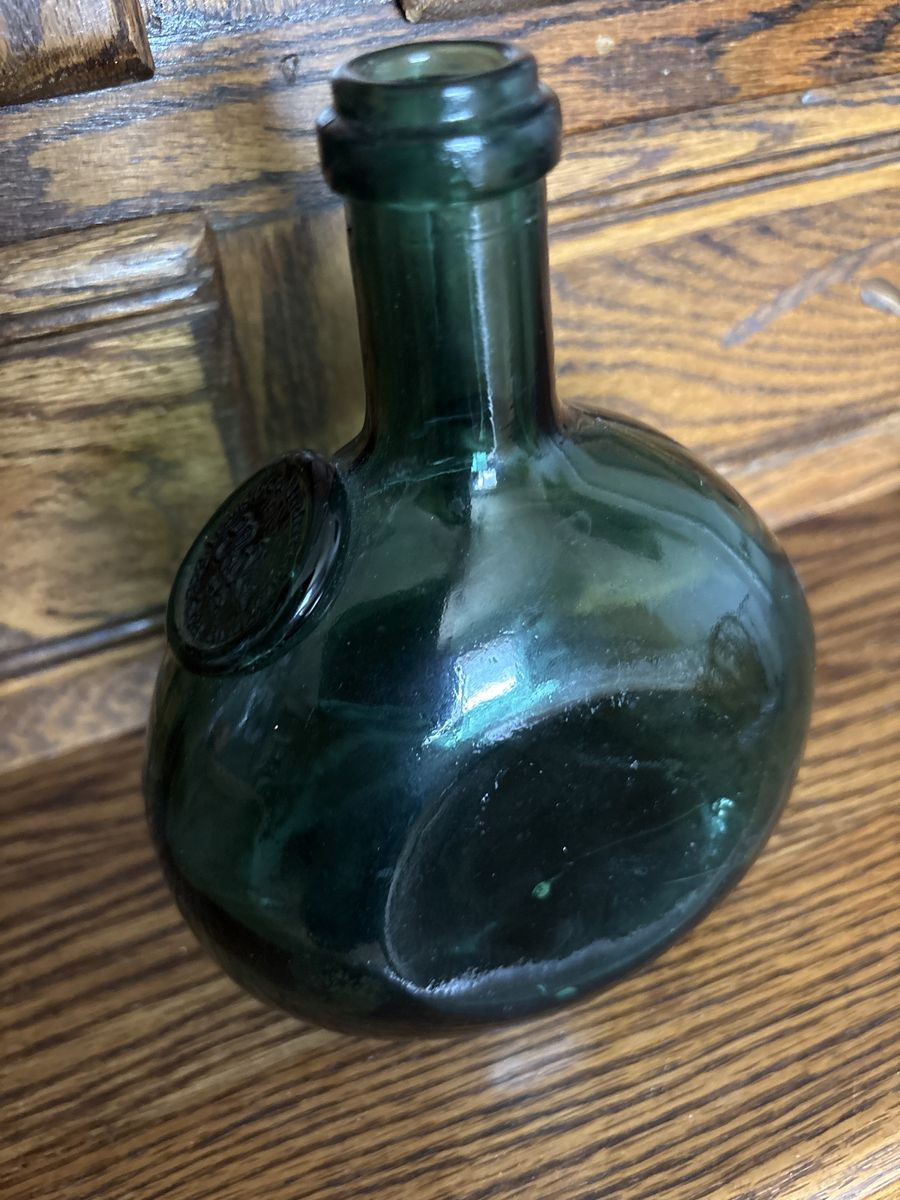 Vintage Dark Green Glass Bottle with Ornate Metal Stopper - Rustic Decor
