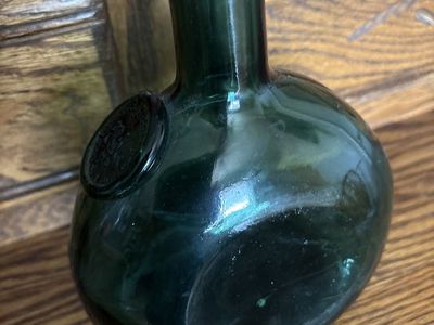 Vintage Dark Green Glass Bottle with Ornate Metal Stopper - Rustic Decor