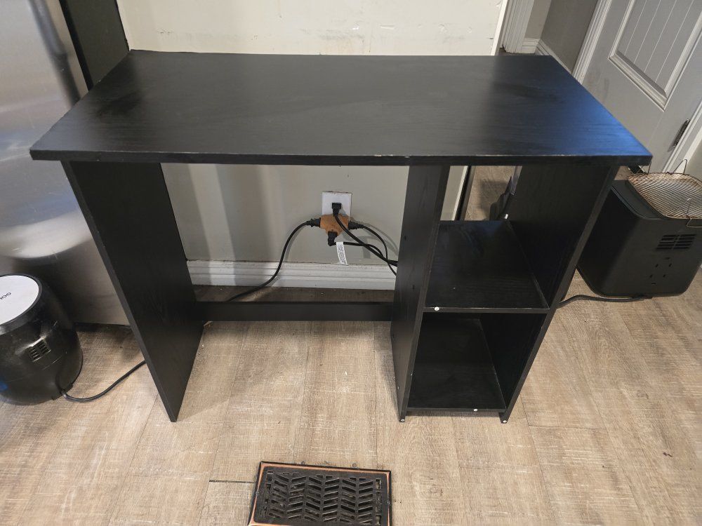 Black Wooden Computer Desk with Side Storage Shelves