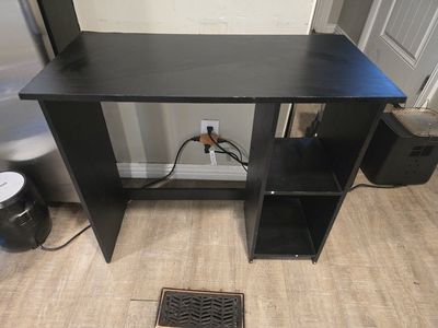 Black Wooden Computer Desk with Side Storage Shelves