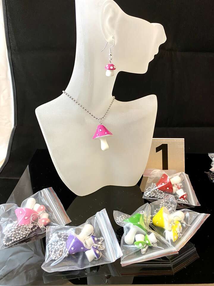 NEW - CUTE Bright Hand-Painted Acrylic MUSHROOMS Necklaces and Earrings - Some Sets + Some Separates - C PIX