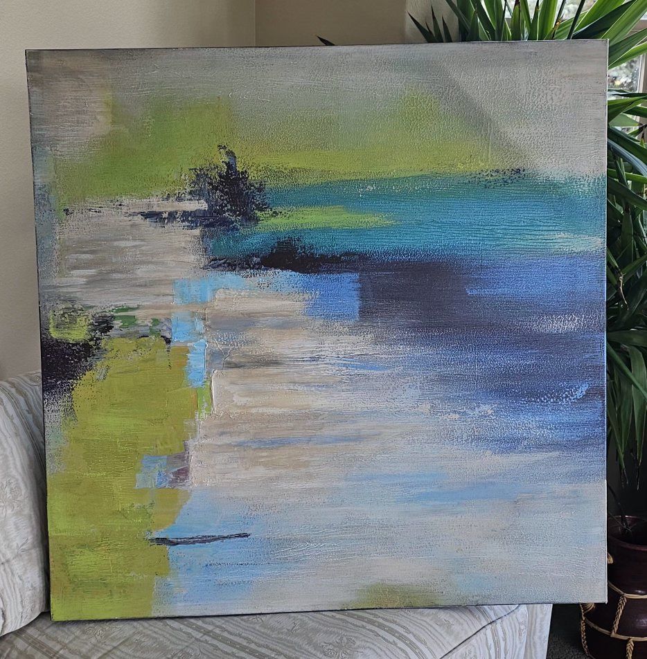 Abstract Impressionist Canvas Art Blue Green Textured Wall Decor Unsigned Original Painting 35"×35"