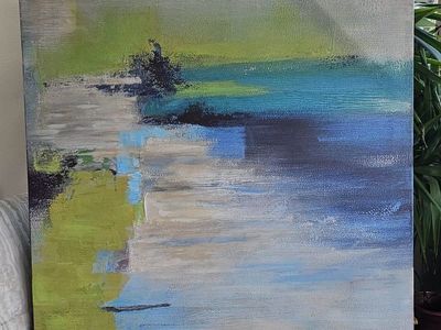 Abstract Impressionist Canvas Art Blue Green Textured Wall Decor Unsigned Original Painting 35"×35"