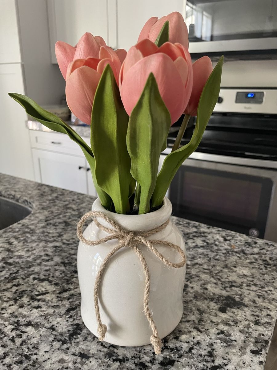 Pink peach artificial realistic tulips in vase with twine farmhouse