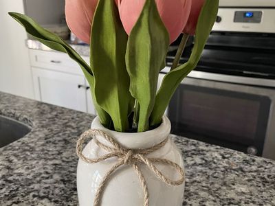 Pink peach artificial realistic tulips in vase with twine farmhouse