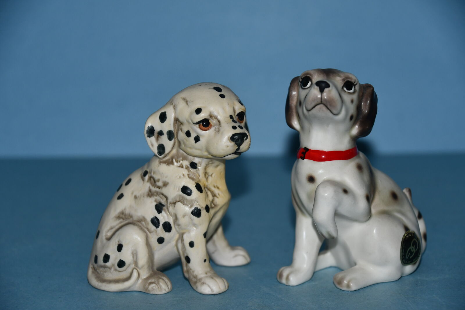2 VINTAGE DALMATION DOG FIGURINES ~ GEORGE GOOD & UCTCI ~ ORIGINAL LABELS ~ 3.5" & 4" ~ NO CHIPS!