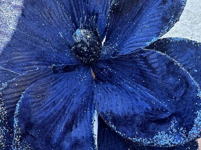 Large Blue Velvet Glitter Flower Decoration Faux blue/black 10 piece
