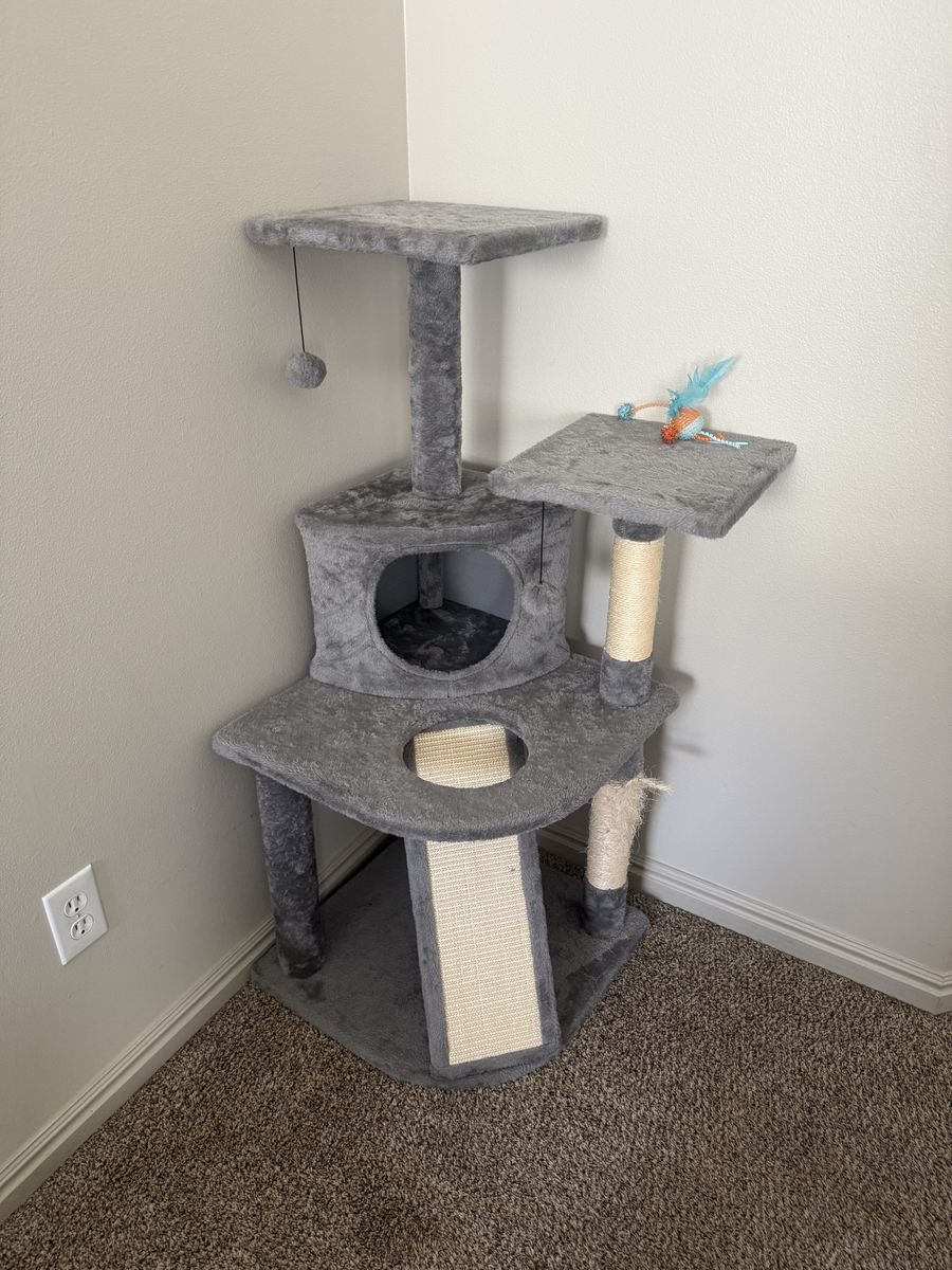 Gently Used Gray 45” Multi-Level Cat Tree w/ Condo & Scratching Posts - Lehi