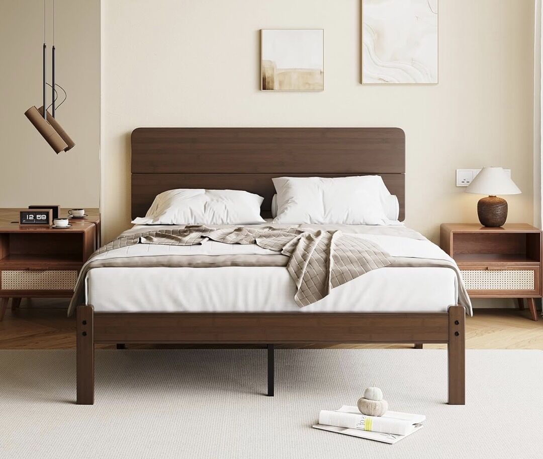 14 Inch High Solid Bamboo Wood Queen Bed Frame with Headboard, Heavy Duty Steel Slat Suppor