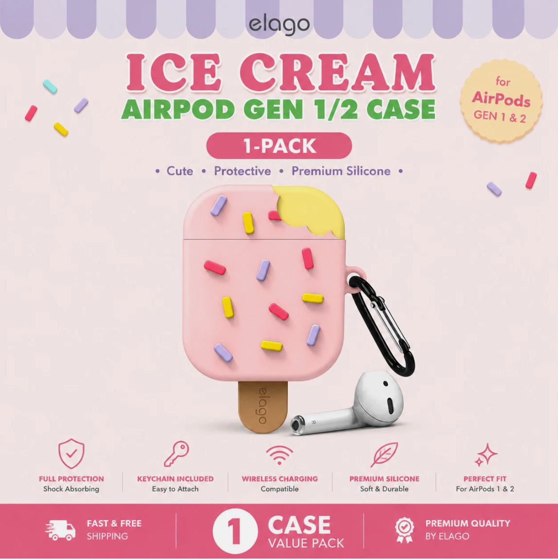 elago Ice Cream AirPods Case Gen 1 2 Cover Shockproof Silicone w Keychain