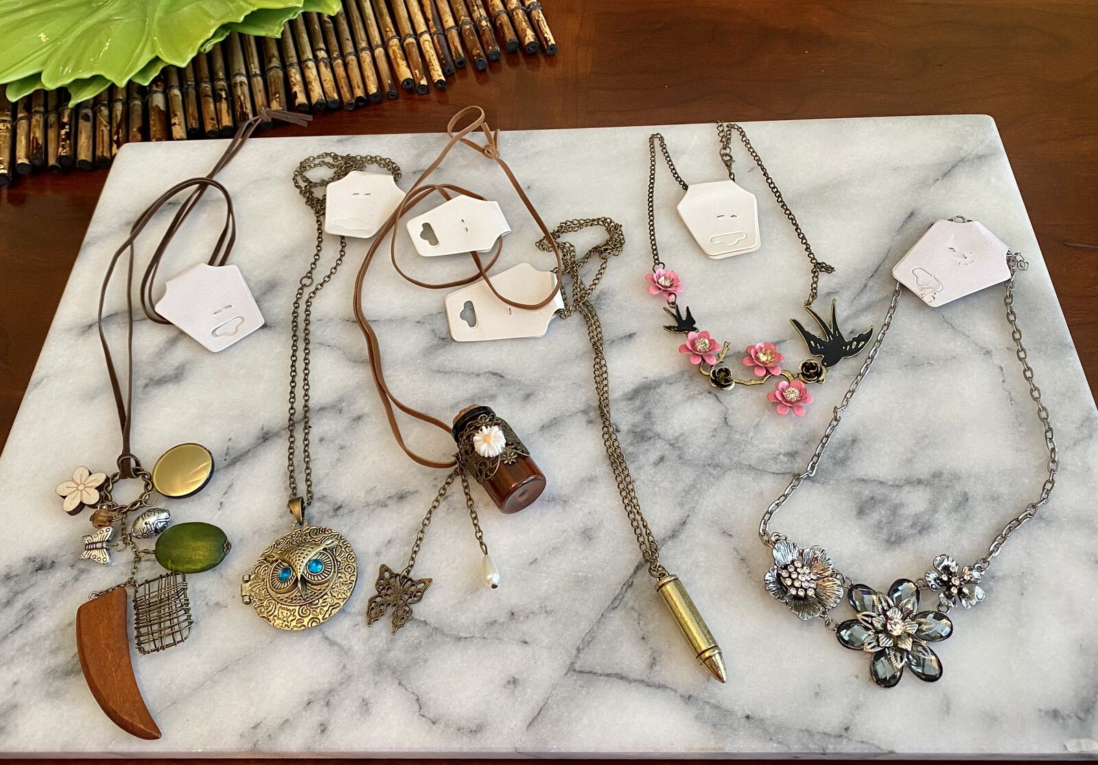 NEW - 5 Necklaces- Multi-Charm- Owl Locket- Bottle- Bird N Roses -Crystal Flowers - 2/$20 - C PIX